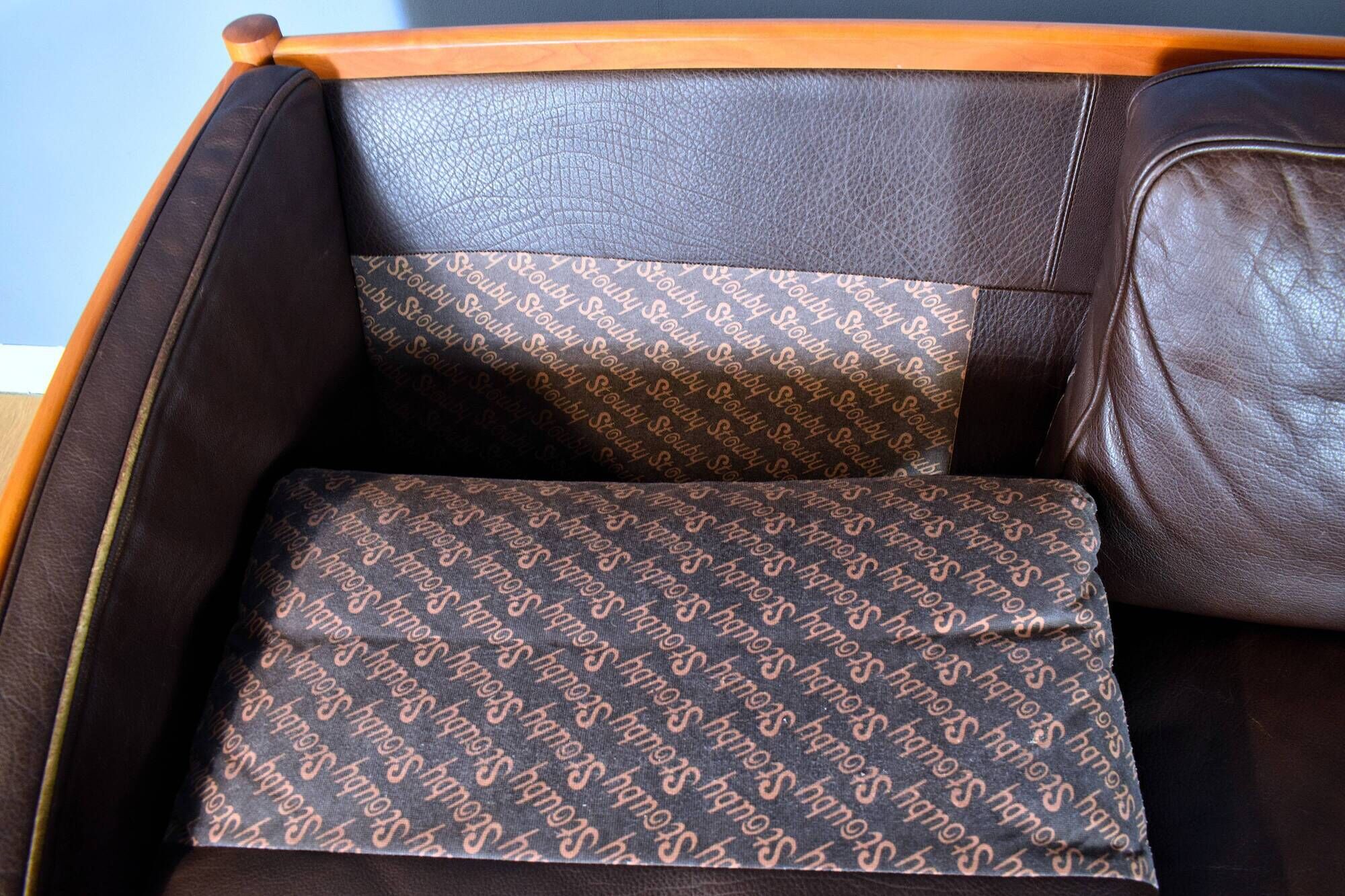 Stouby brown leather & cherry wood 3 seat sofa 1970s
