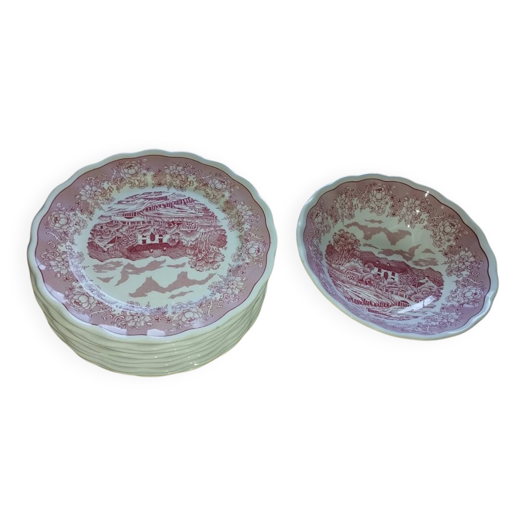 Fontebasso “Swiss Landscape 1760” Rose | Ensemble de Collection 9 Assiettes