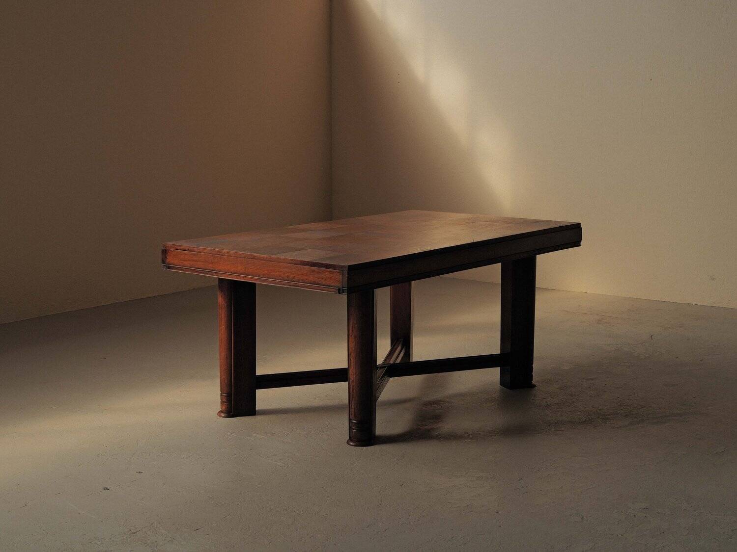 Modernist oak table with a checkerboard top, France, circa 1940.