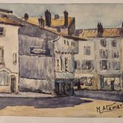 Old watercolour signed marius alamartine "hôtel de la halle" in charlieu