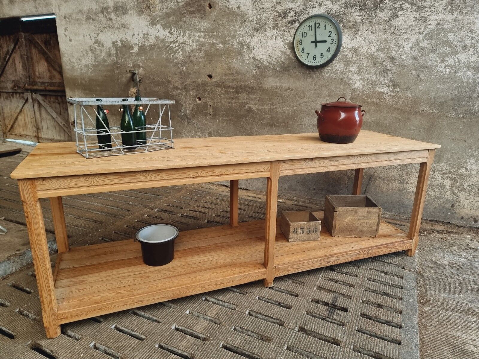 Old work table textile table pine cooking island or side table