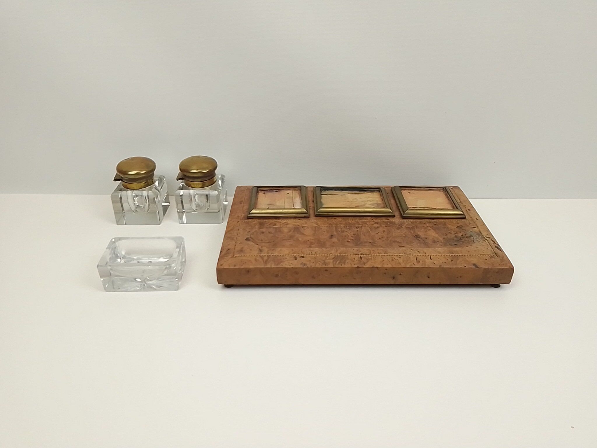 Old wooden office inkwell set and glass and brass accessories