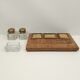 Old wooden office inkwell set and glass and brass accessories