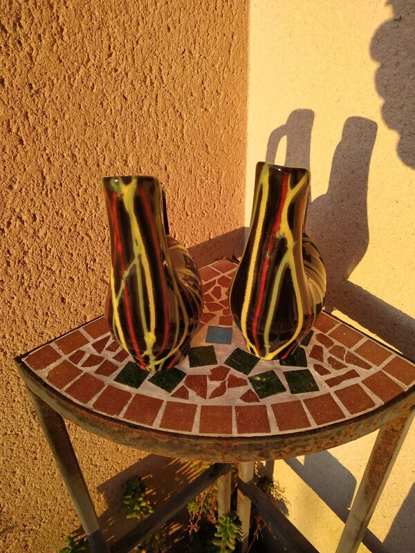 Paire de petites verseuses zoomorphe rayées années 50