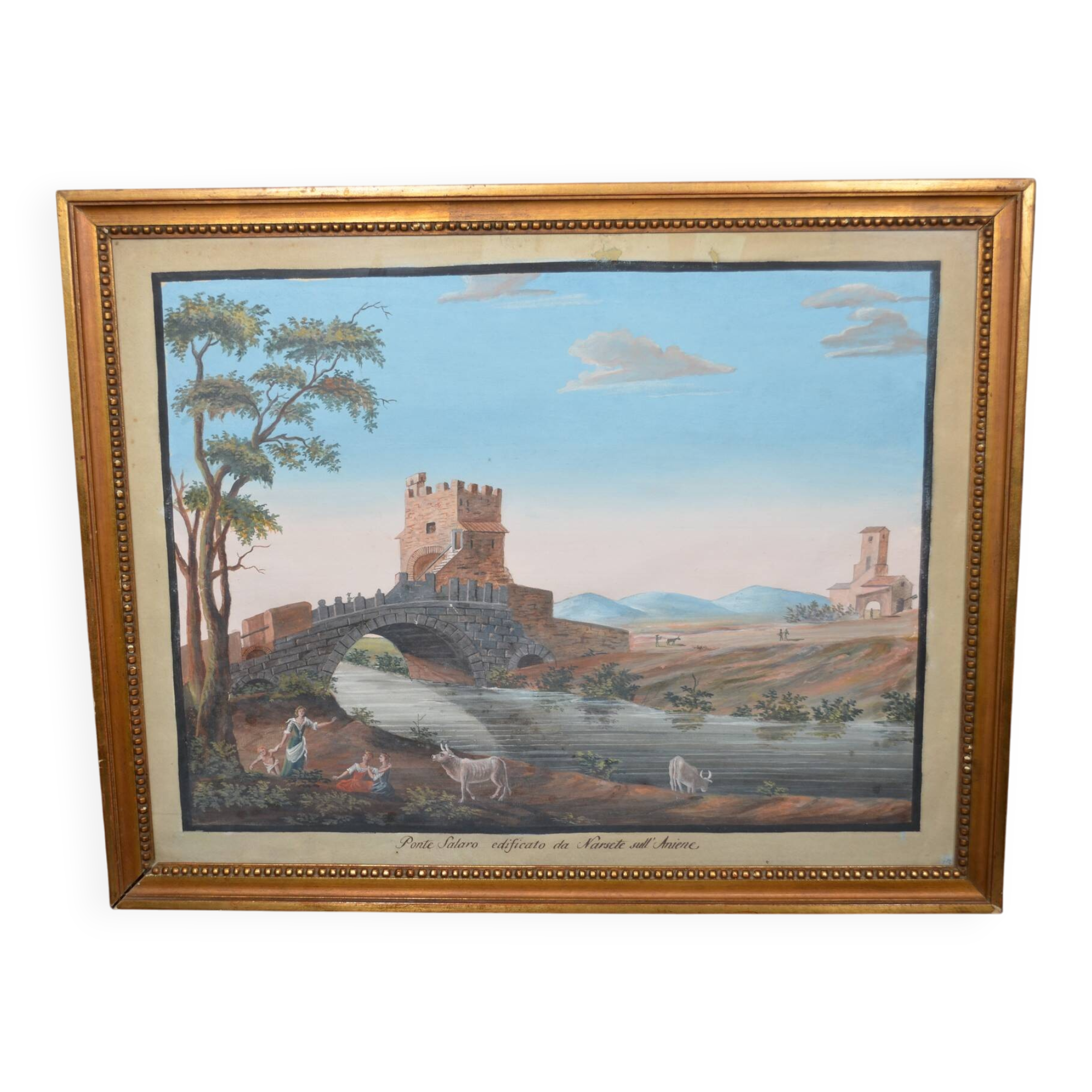 Italian School of the 19th Century "The Salario Bridge" Titled Gouache