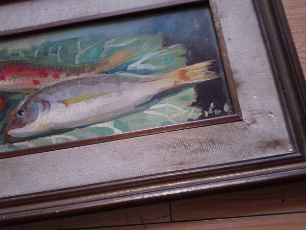 Huile sur panneau ,  nature morte poisson