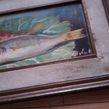 Oil on panel, still life with fish