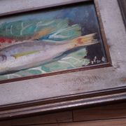 Oil on panel, still life with fish