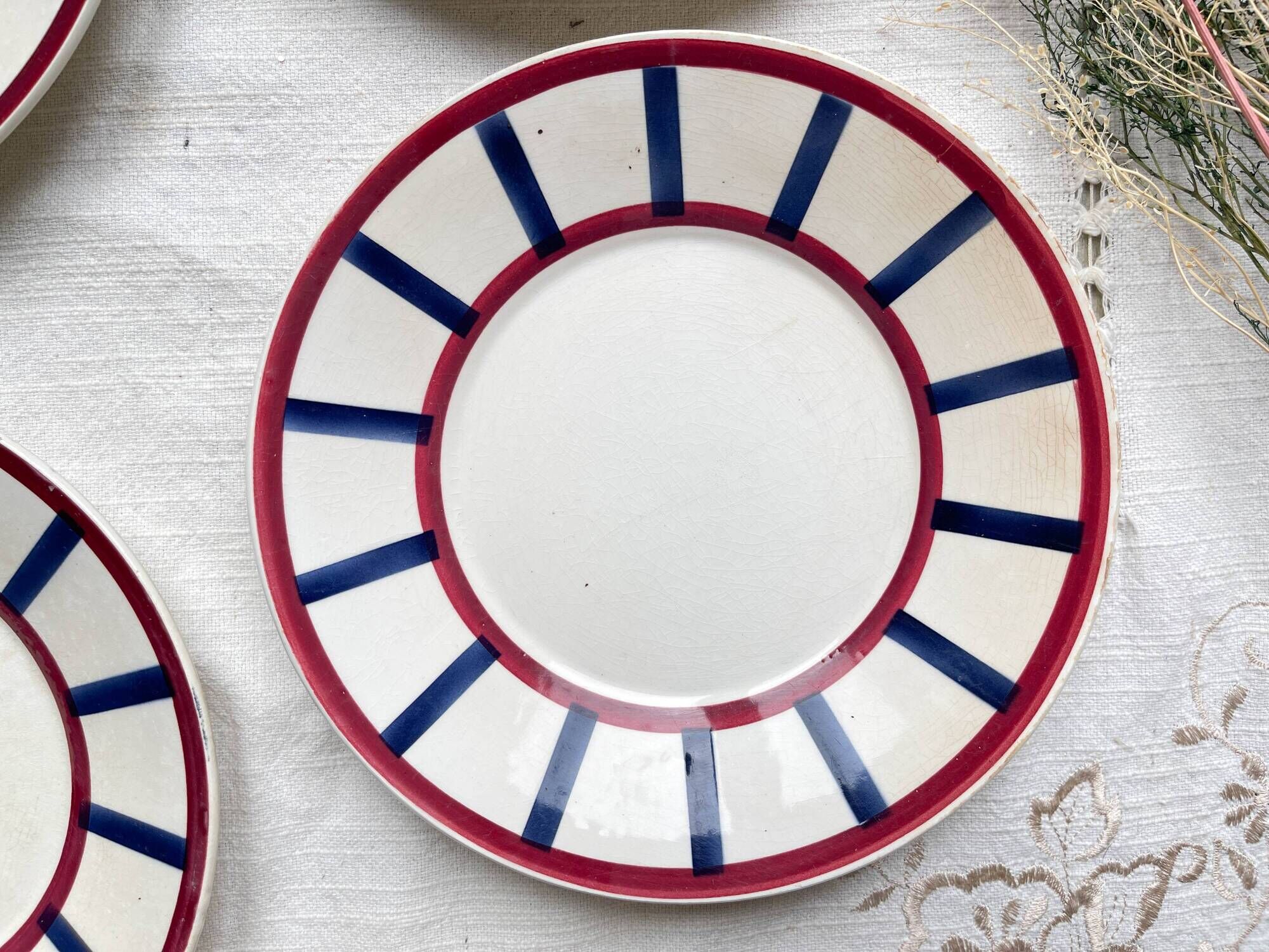 5 Small Vintage French Plates Terre de Fer HBCM Béarn blue and red stripes