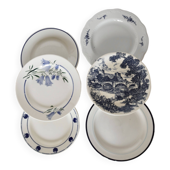 6 assiettes à dessert vintage dépareillées bleue blanche cottage core lot B0