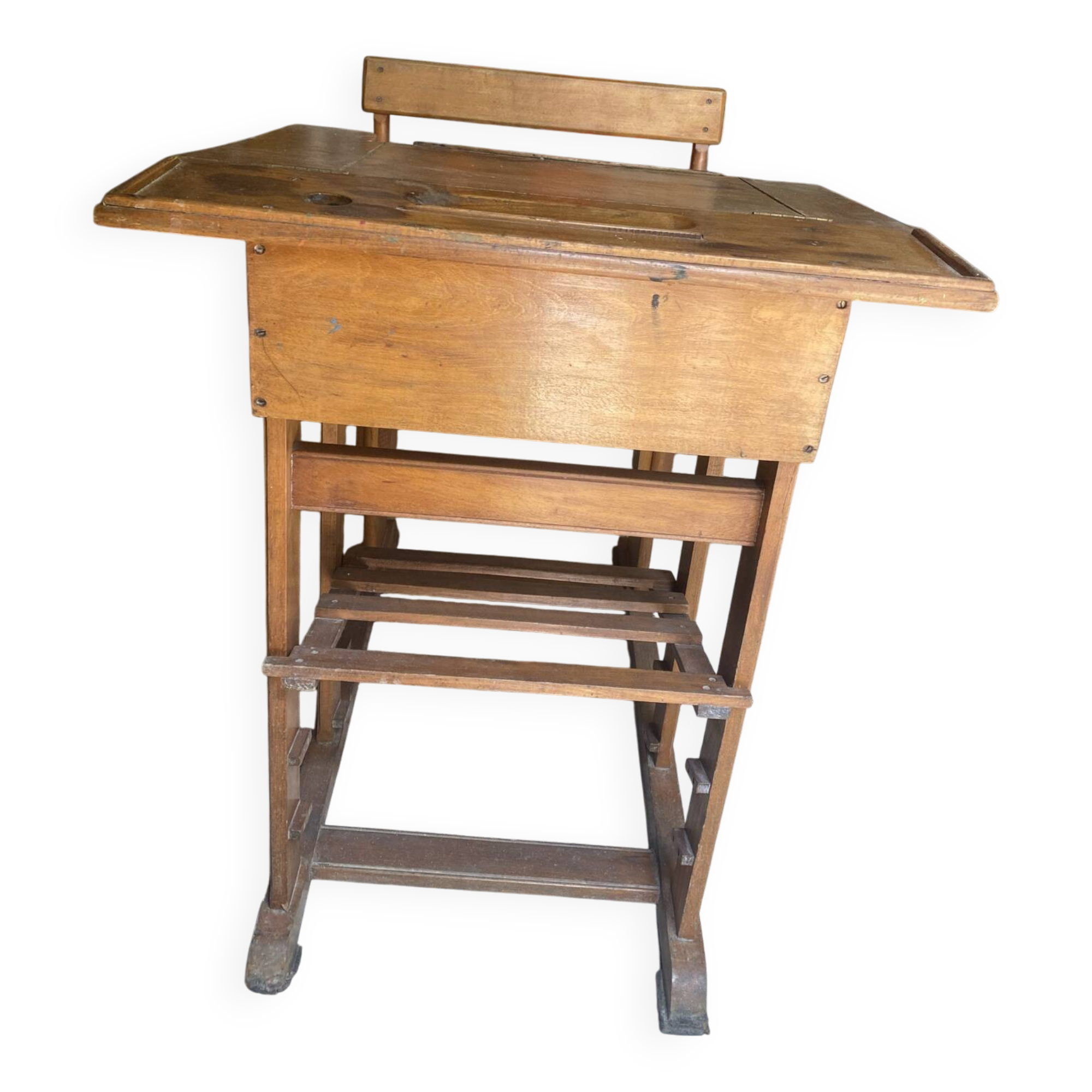 Old school desk with integrated adjustable seat.