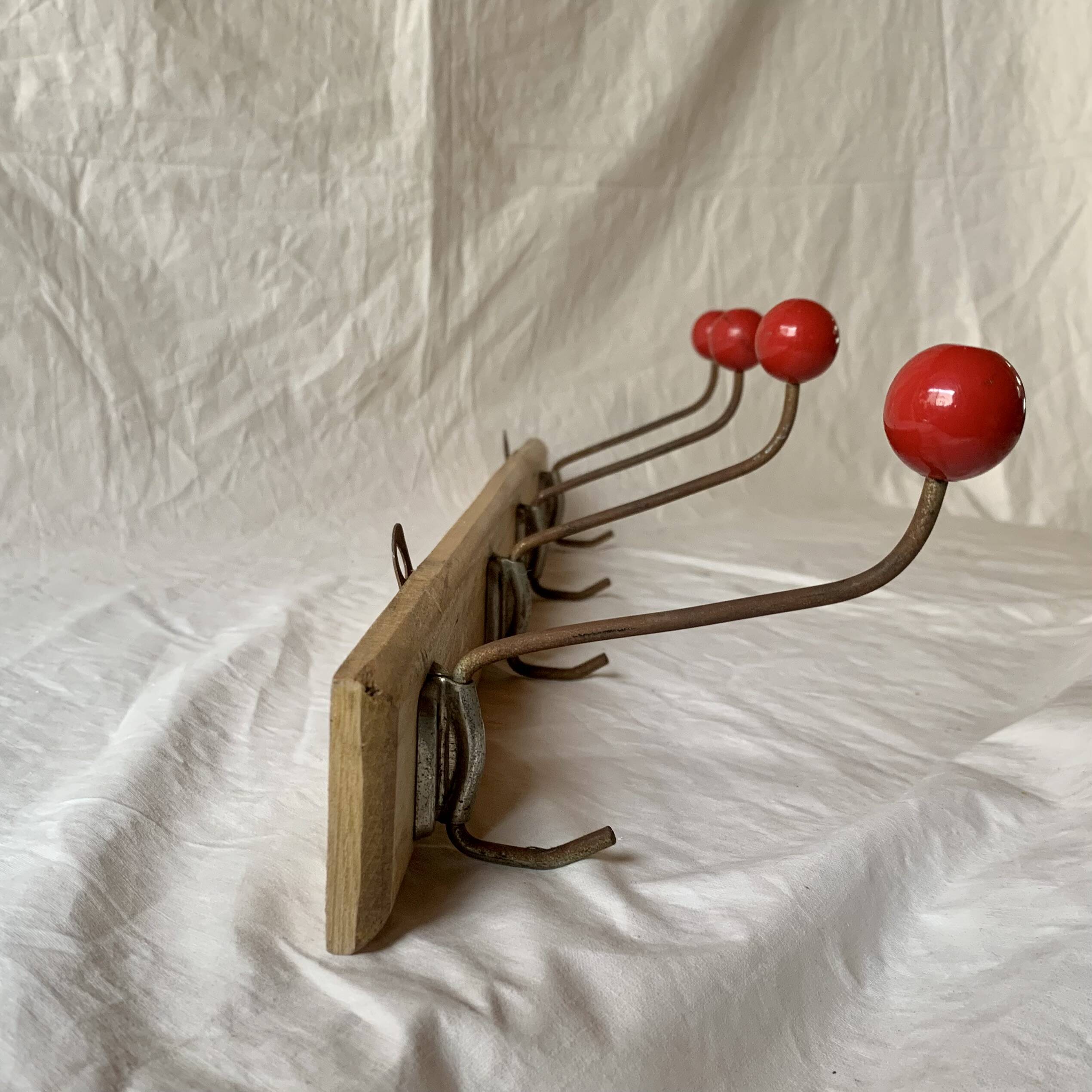 Vintage wooden wall coat rack - 4 red ball coat hooks