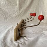 Vintage wooden wall coat rack - 4 red ball coat hooks