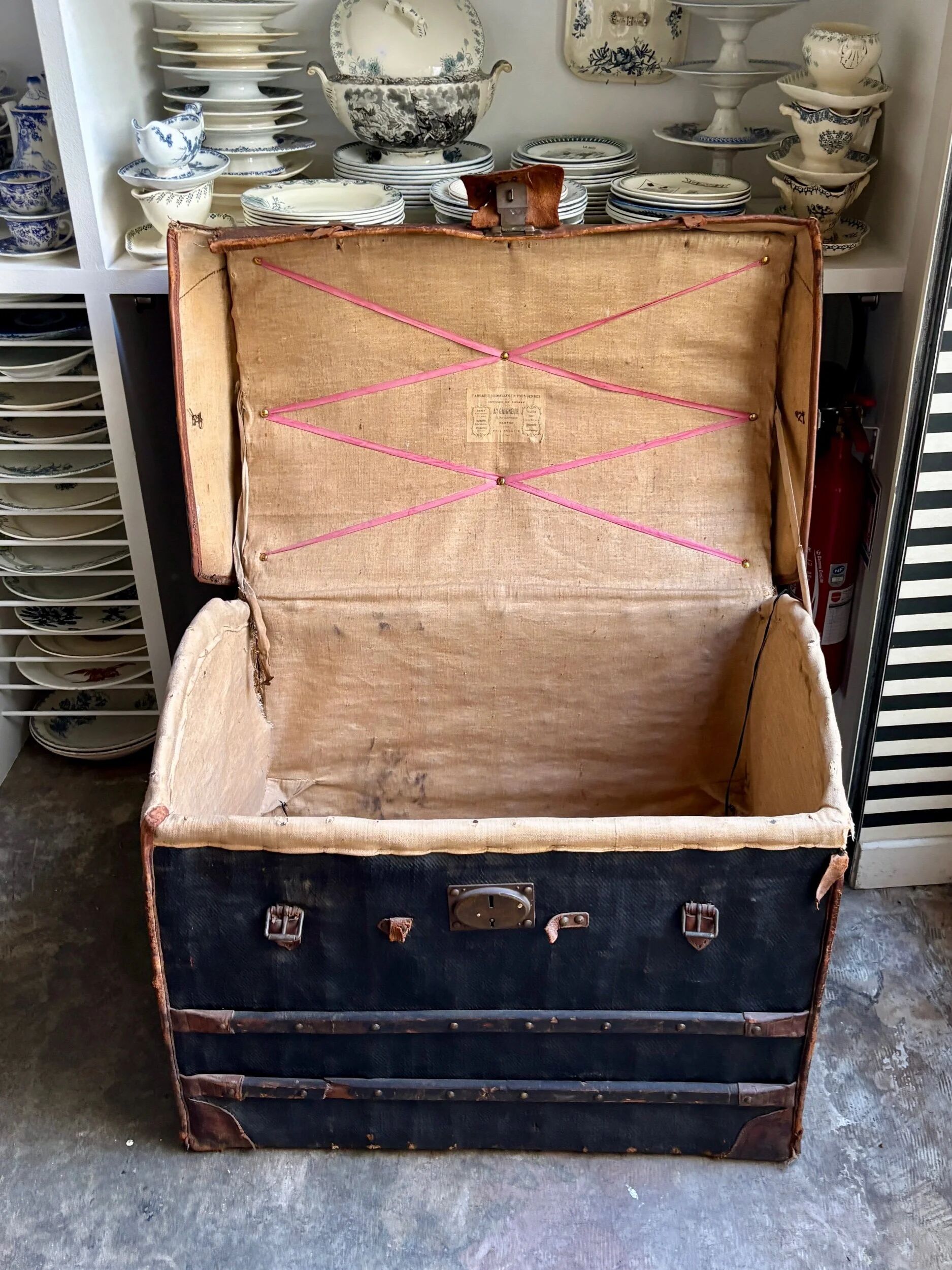 Wicker bag Gaigneur, coated canvas and leather marked JG