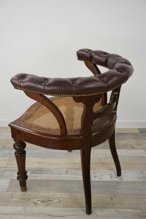 fauteuil De bureau Du 19e En Bois, cuir Et Cannage