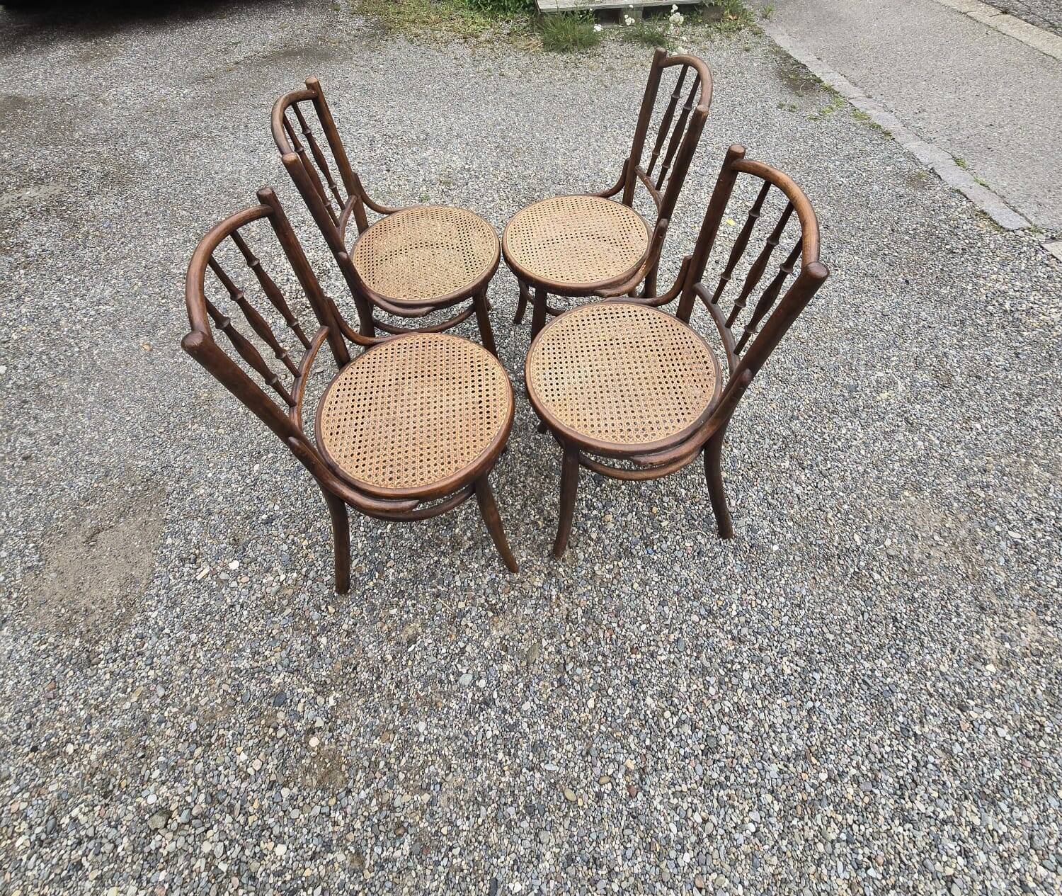 4 vintage Fischel bistro chairs in curved wood and cane