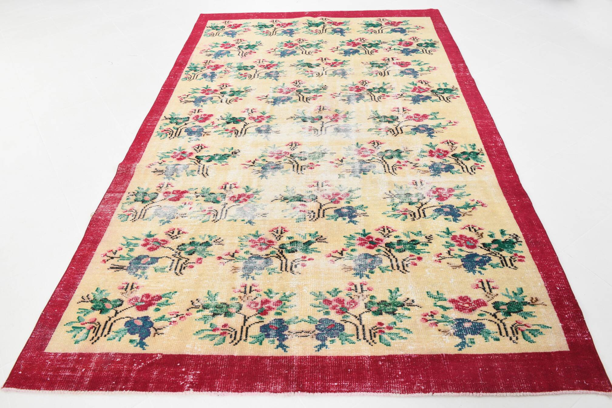 Ruby Red Vintage Floral Turkish Rug, Handmade Wool Carpet, 202x309 Cm