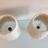 Pair of twisted glass foot bedside lamps and wool/vintage 60s and 70s lampshades