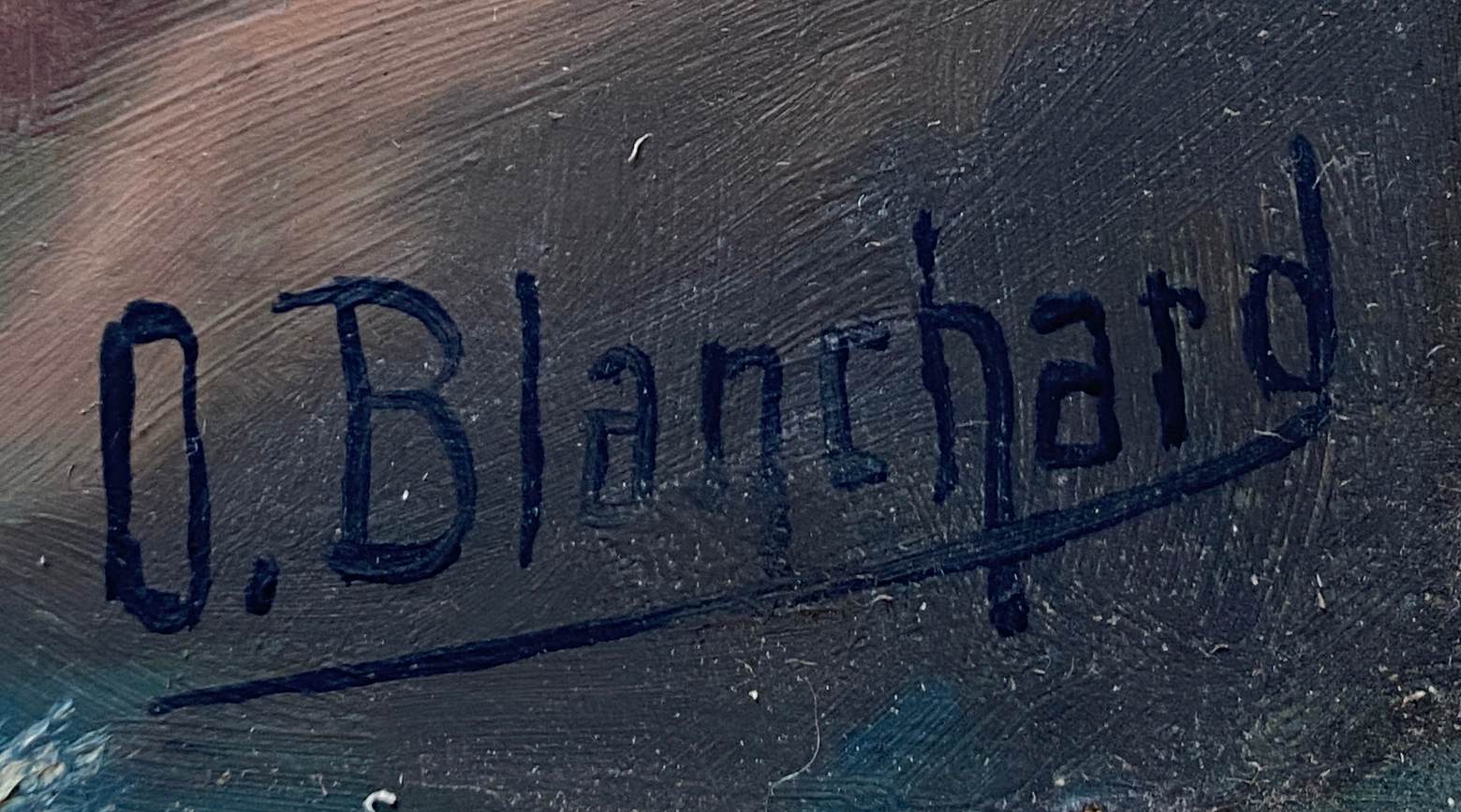 HSP painting "Seaside at sunset" signed O. Blanchard + Marine frame