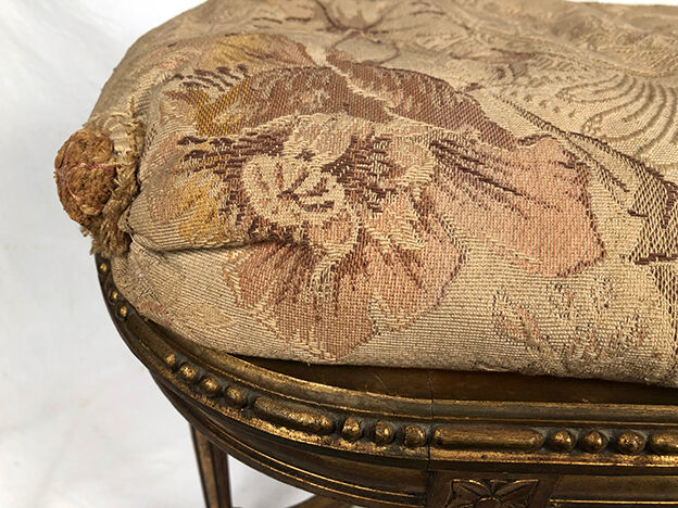 Louis XVI style piano bench, dark gilded cane wood