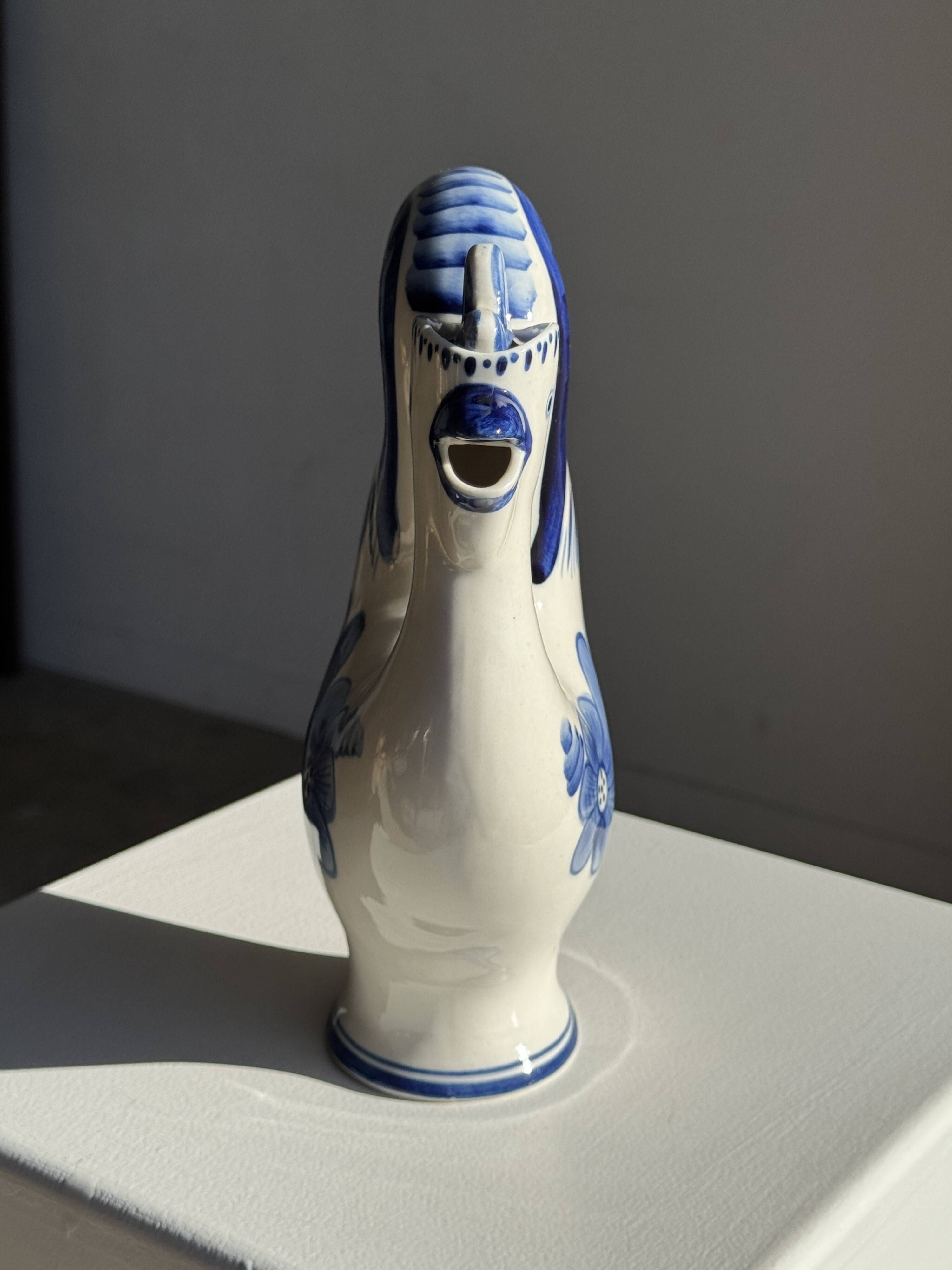 Vintage white ceramic carafe with blue Gjel-style decoration, USSR.