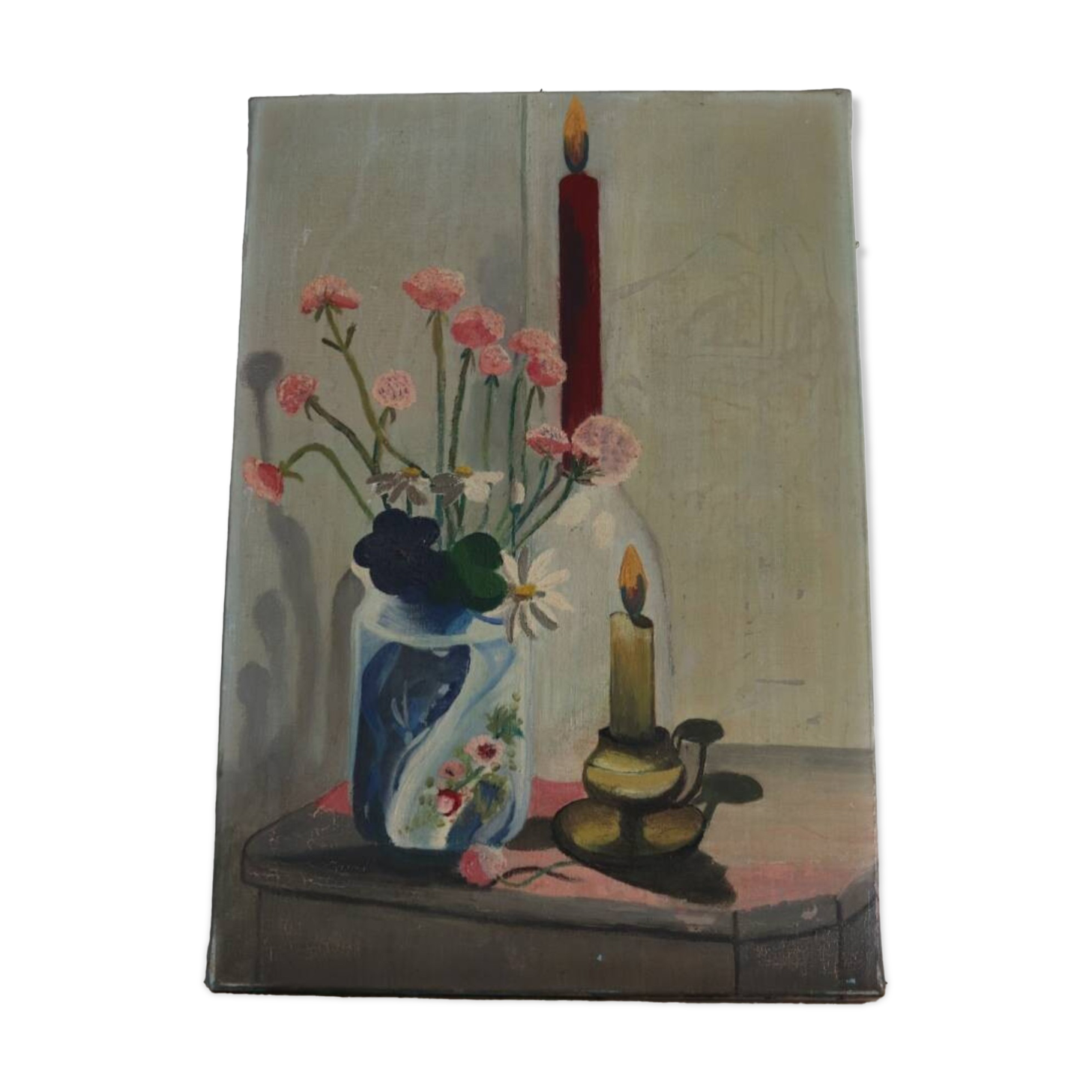 Tableau Huile sur toile bouquet de fleurs et bougies vintage