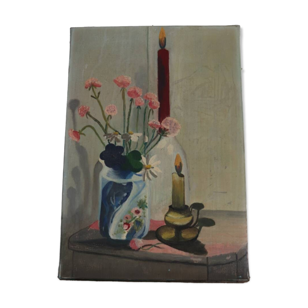Tableau Huile sur toile bouquet de fleurs et bougies vintage