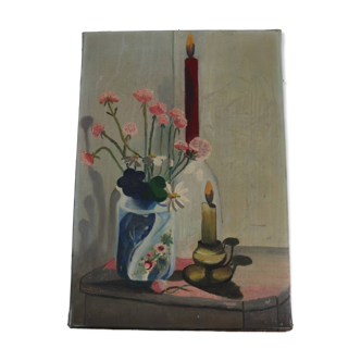 Oil painting on canvas bouquet of flowers and vintage candles