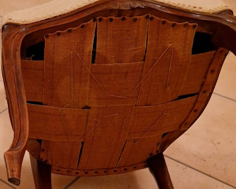 Pair of Louis XV chairs – carved wood & antique upholstery – late 19th century