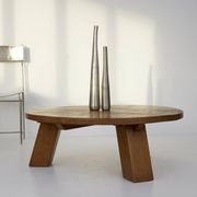 Brutalist round tripod coffee table in solid wood (Oak) Circa 1960