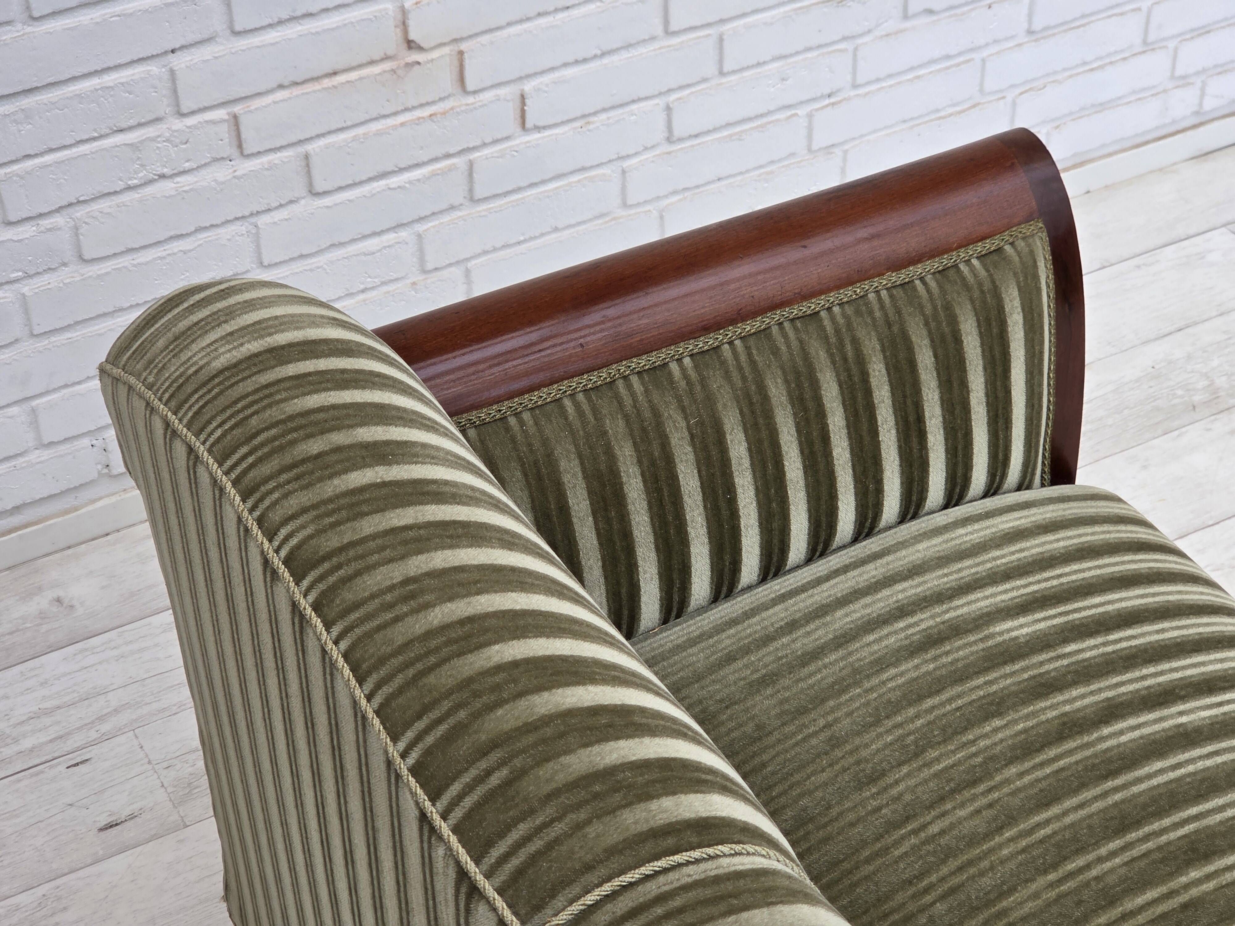 1950s, 3-seater Danish sofa, green furniture velour, teak wood.
