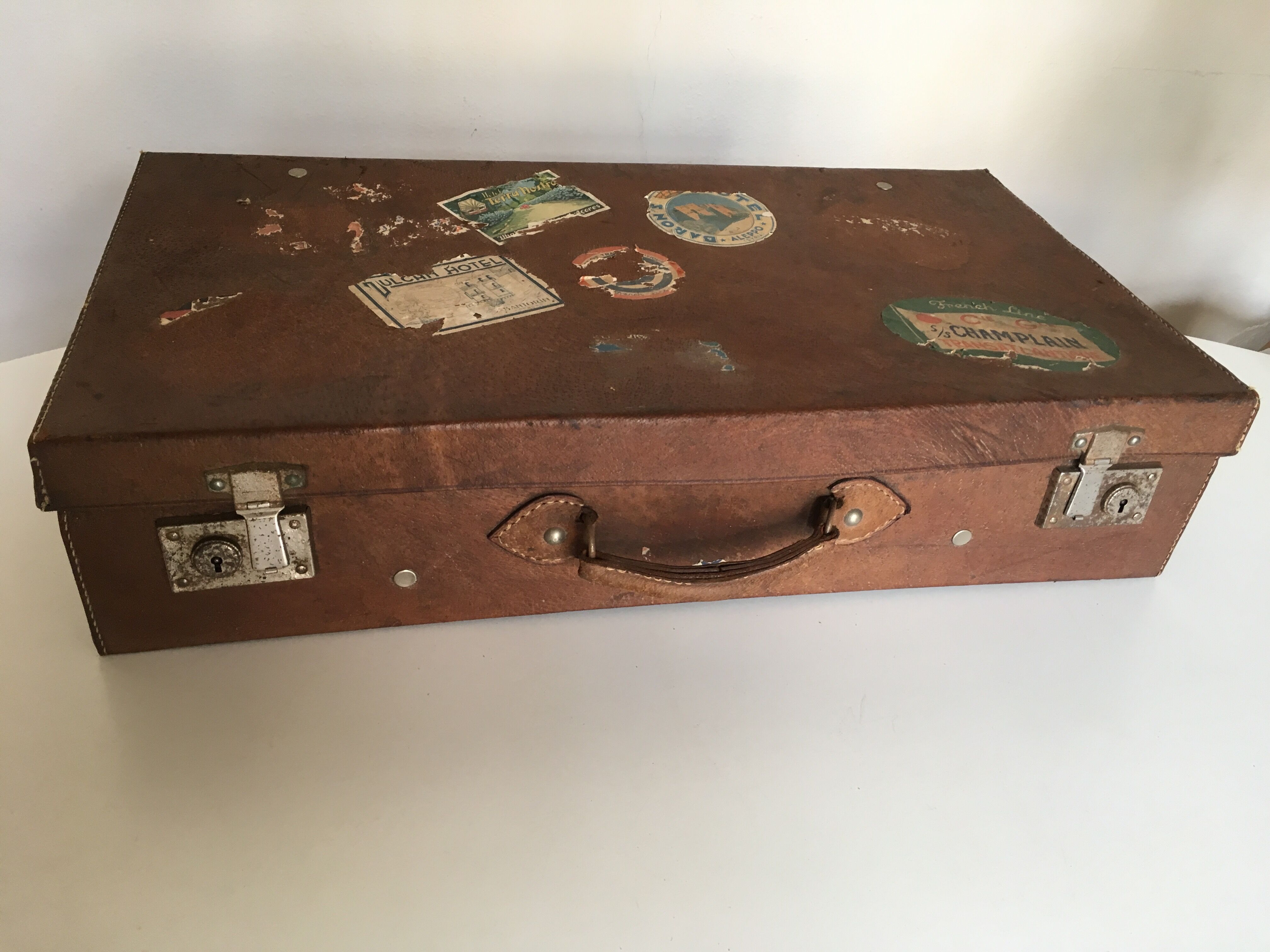 Suitcase of leather with labels of palaces