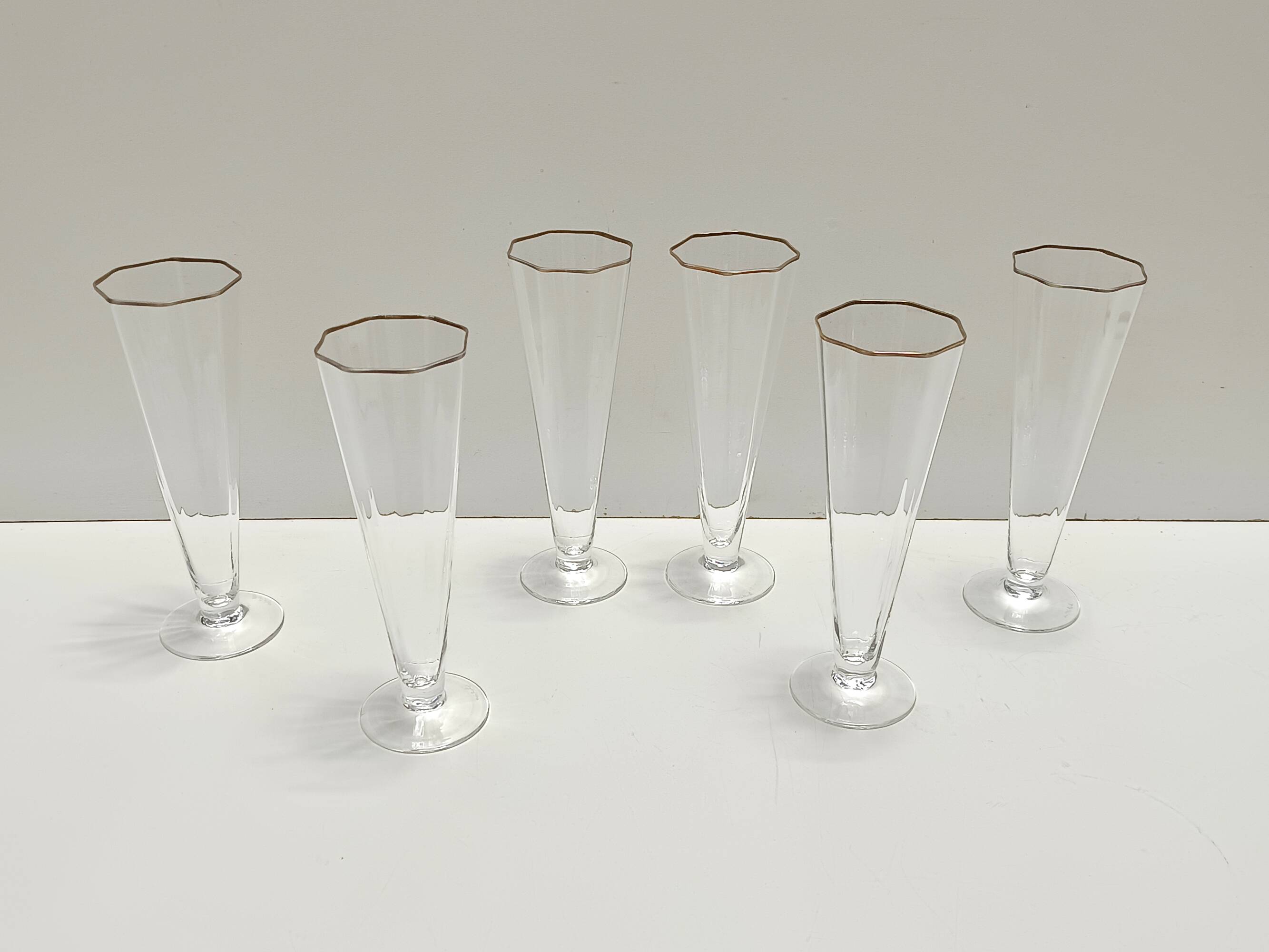 Set of Six Octagonal Hand Blown Murano Glass Flutes by Carlo Moretti, Italy