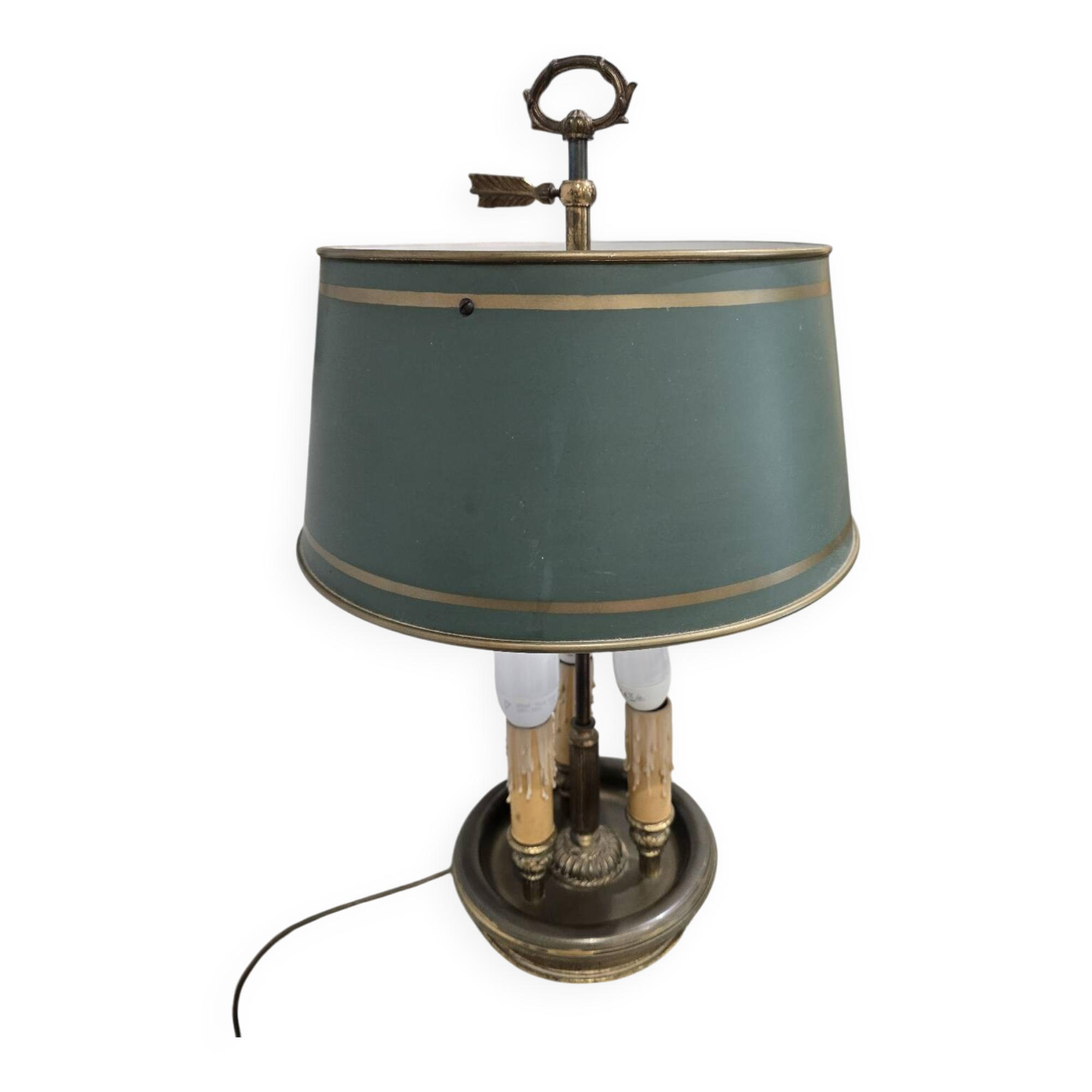 Three-armed brass hot water bottle lamp with empire green shade