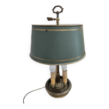 Three-armed brass hot water bottle lamp with empire green shade