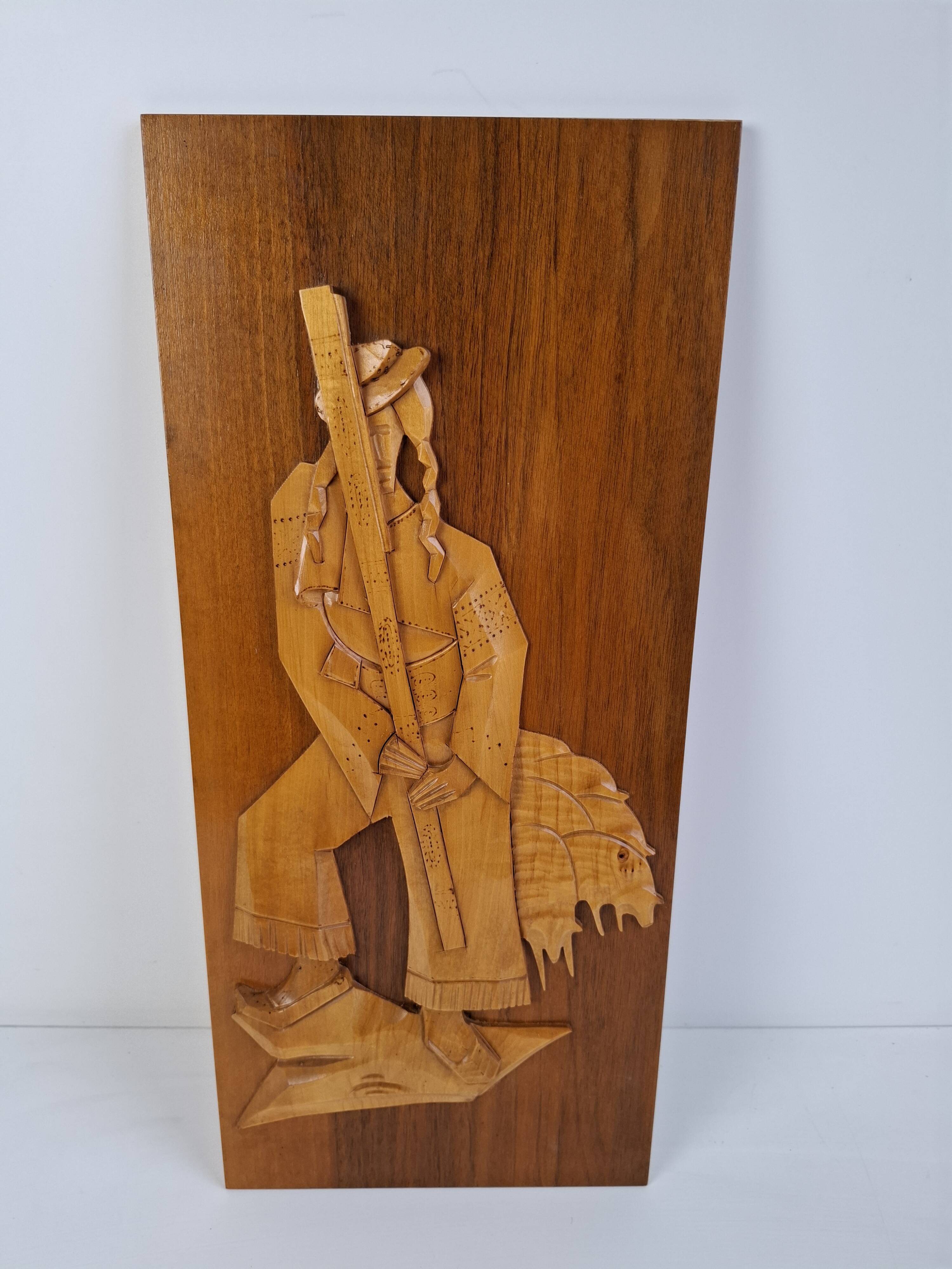 Mid-century Czech hand-carved wooden shepherd wall relief, 1960.