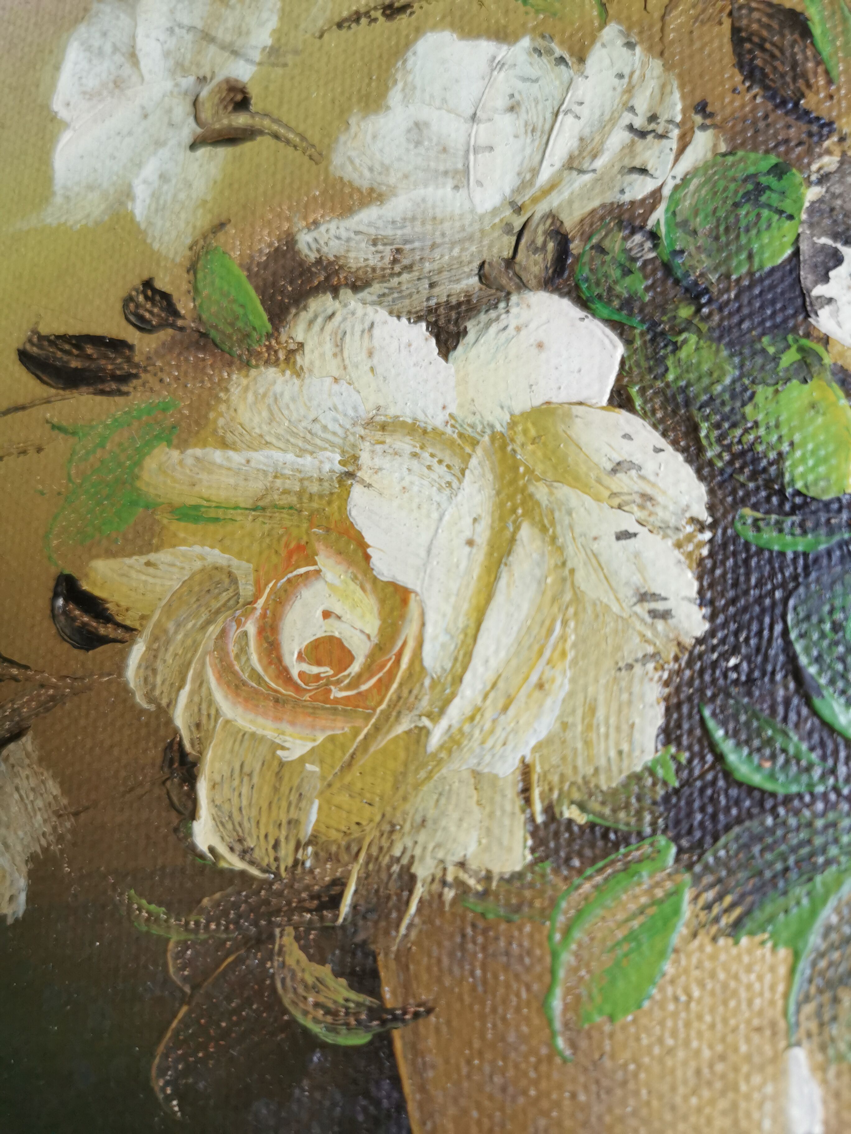 Bouquet de roses blanches huile sur toile ancienne