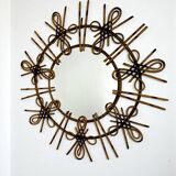 Rattan sunburst mirror with chinoiserie motif, Spain, 1950s