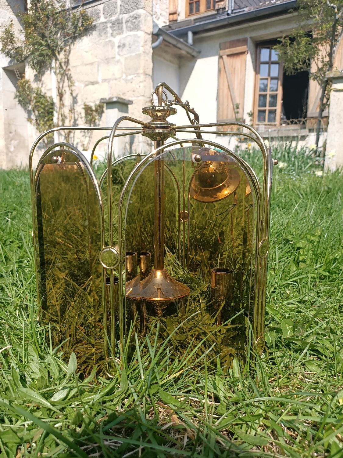 Gilded brass and smoked glass luminaire