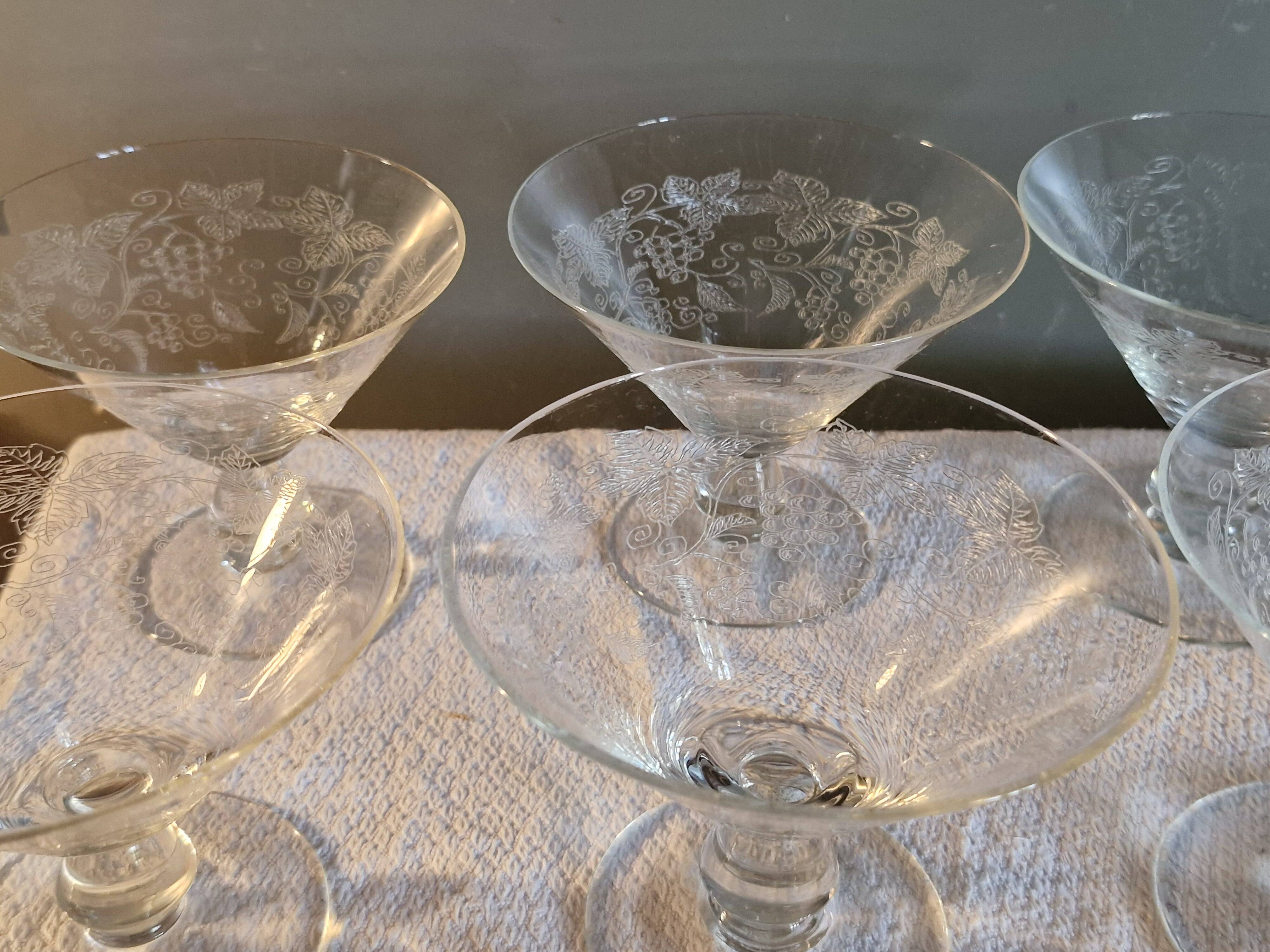 7 Art Deco crystal champagne coupes, grape clusters (+ 2 gifts)