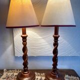 Pair of twisted wooden base lamps