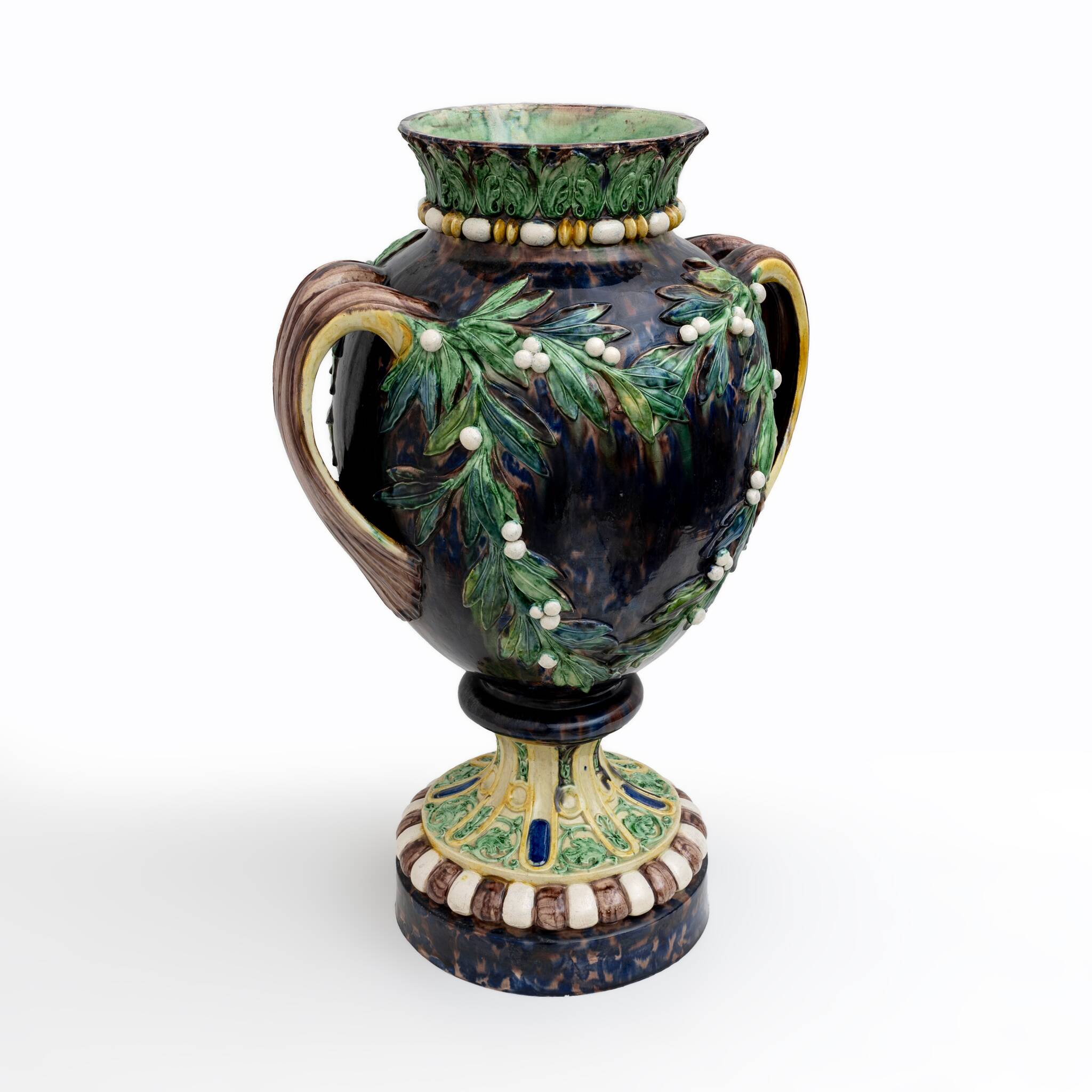 Large 19th century French Majolica Renaissance Palissy Vase with Mistletoe