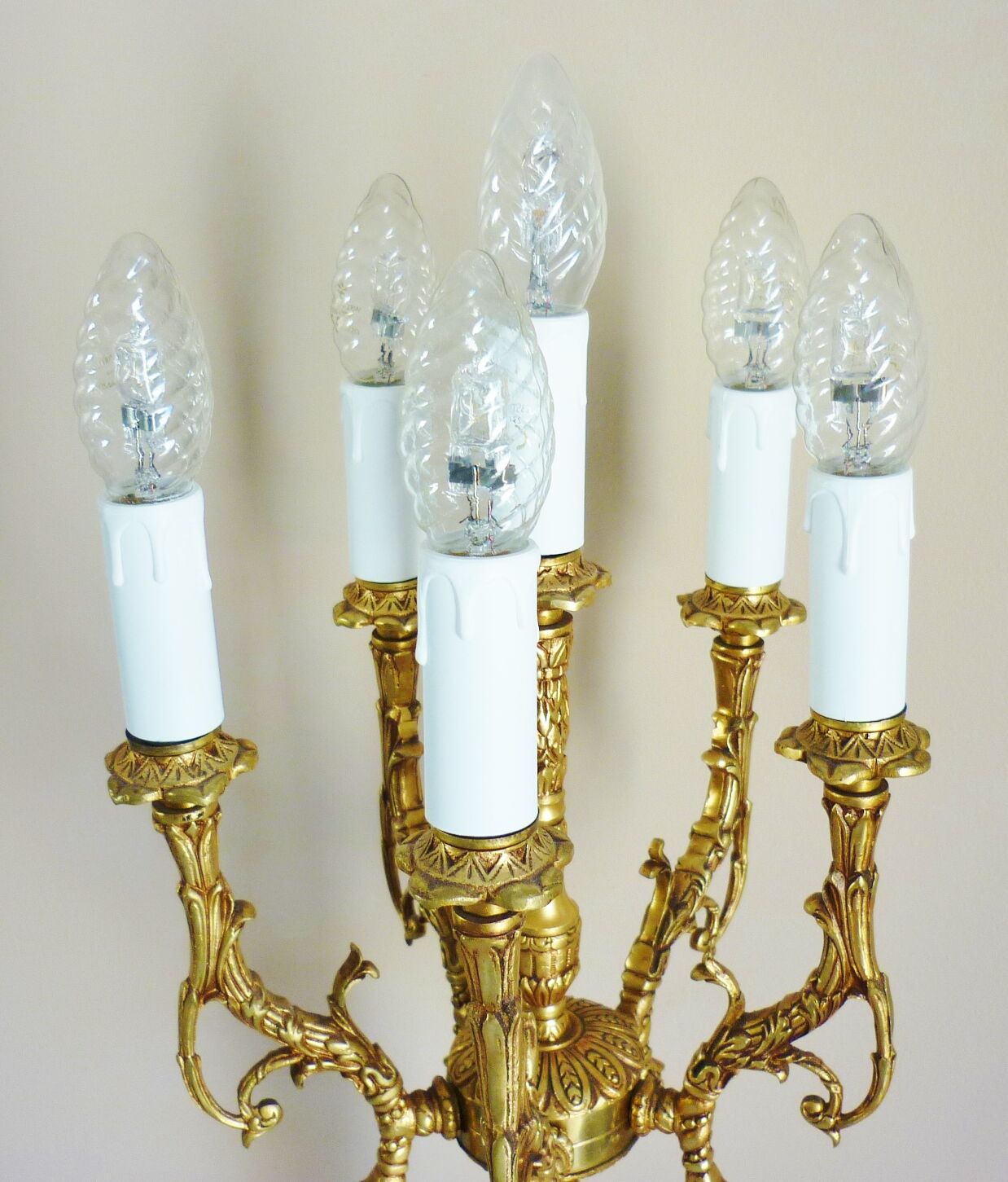 Candelabra, 6-pointed candlestick, marble, bronze, putti decoration, putto