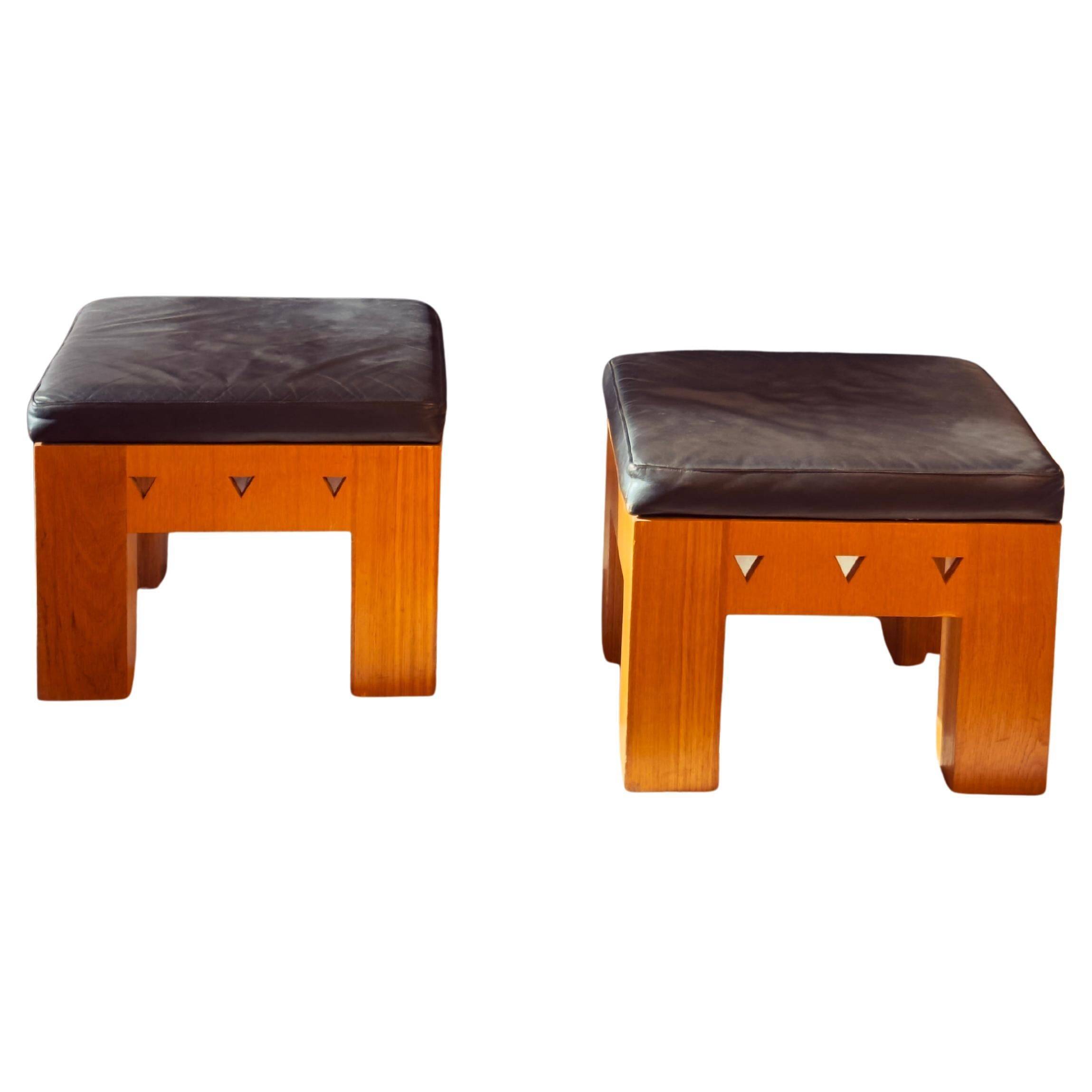 Pair of Low Wooden Stools with Leather Seats, 1970s
