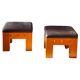 Pair of Low Wooden Stools with Leather Seats, 1970s