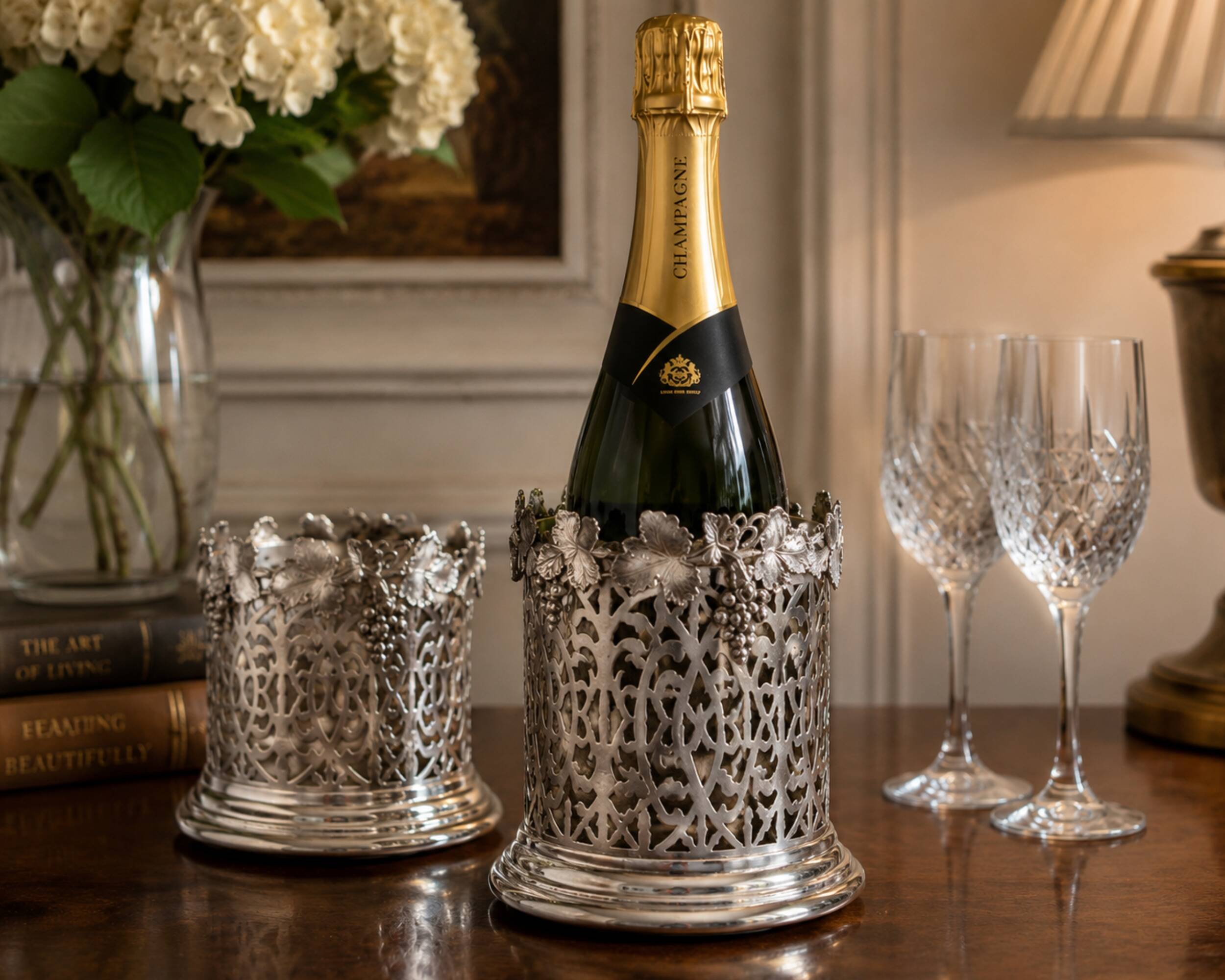 Pair of Silver-Plated Wine Bottle Coasters with Grape Vine Decoration Tableware