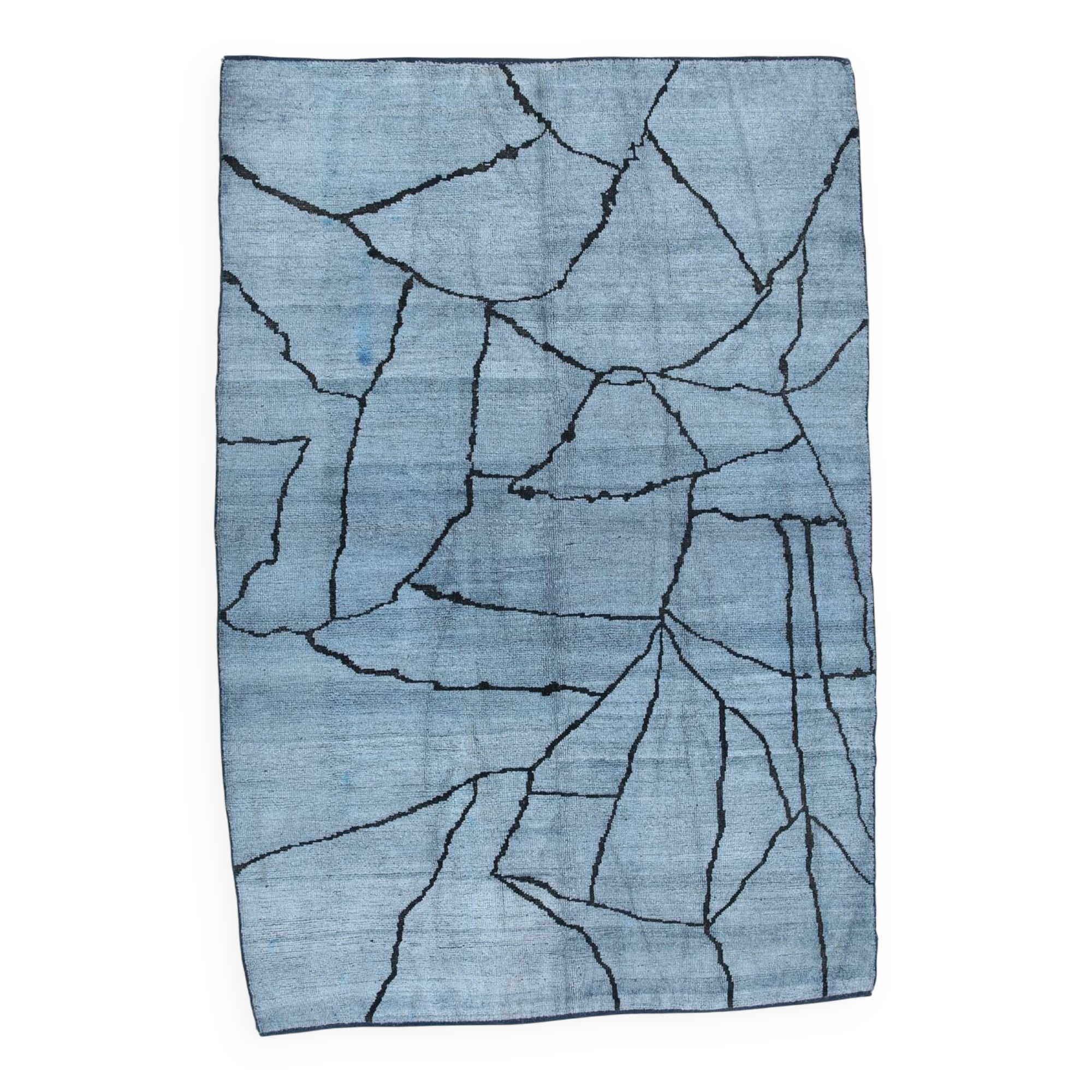 Sky Blue Wool Rug, Modern Handmade Designer Vintage Carpet, 213x281 Cm
