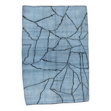 Sky Blue Wool Rug, Modern Handmade Designer Vintage Carpet, 213x281 Cm