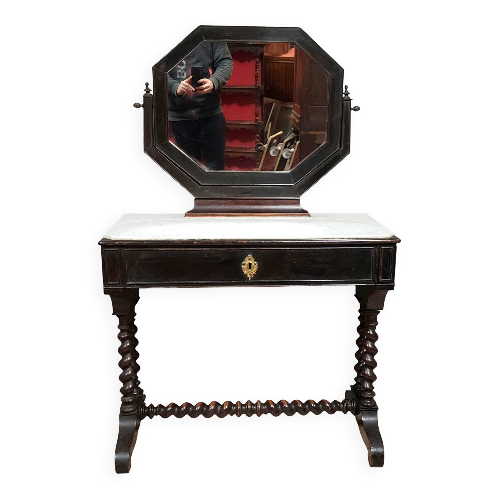 Napoleon III style dressing table in blackened wood, featuring an elegant octagonal mirror