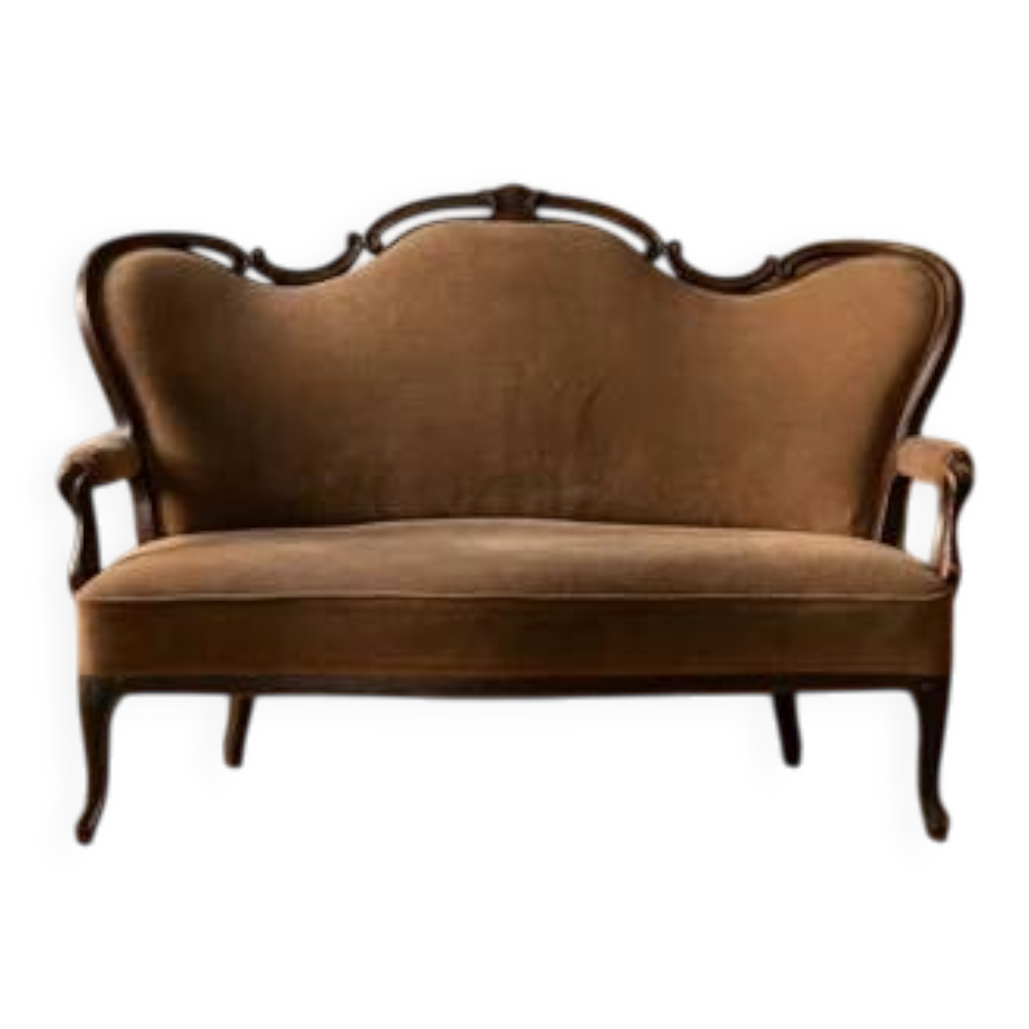 Sofa en bois vintage orné avec cadre décoratif sculpté et tapisserie marron, 175 × 114 × 80 cm